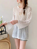 Large Size Spring And Summer Costume Feel Hollowed-Out Long-Sleeved Sweater Fat Mm Loose Sunscreen Blouse Blouse-Outfit