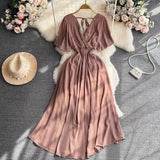 Fongt Summer New Temperament V-Neck Elasticity To Collect The Waist Of The Long Seaside Vacation Beach Chiffon Dress Woman