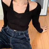 Fongt 2023 New Long-Sleeved Slim V-Necked Two Knitted Shirt Top Women Feel The Bottom