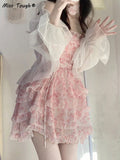 Lace Floral Fairy Dress Women Korean Fashion Strap Sexy Party Mini Dress Female Designer Ruffle Flounce Sweet Dress
