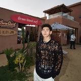 Fongt And Lonely Wind Hollow Knitted Shirt Male Sense Perspective Loose Long-Sleeved Net Eyes Twilight Twilight Tearing Up Fashion Clothes