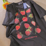 Strawberry Print Shirts for Women Aesthetic Cartoon O-neck Casual Teens Clothes Japanese Fashion Streetwear Woman Tshirts-Outfit