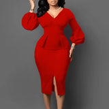Fongt Women's V-Neck Bubble Bubble Sleeve Open Fork Dress Office Pencil Dress African Dress