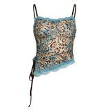 Fongt Dopamine Lace Spliced Leopard Print Sling Vest Women's Side Slit Closed Waist Strap Bottom Top-Outfit