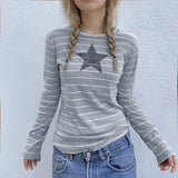 Striped Five-Pointed Star Leisure T-Shirt Women's Autumn Daily Simple Commuter Star Hit Color Long-Sleeved Blouse-Outfit