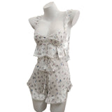Fongt Fraiding Splicing Simulation Silk Sling Shorts Pajamas Set Idyllic Spring And Autumn Pure Thin Home Clothes Girl