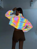 Dazzling Reflective Short Coat Women's Fantasy Luminous High Waist Standing Collar Jacket Plus Size Zipper Smock-Outfit