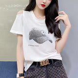 Street Solid Color T-shirt Female Clothing Chic Diamonds 2023 New Summer Stylish Off Shoulder Casual O-Neck Loose Pullovers-Outfit