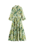 Fongt Tea Wind 2025 Spring New Fashion V-Neck Small Fresh Green Printing Belt Decorative Dress
