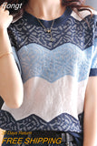 Out Striped Knitted Top Thin T Shirt Women 2023 Summer Short Sleeve Tshirt Womens Clothing Tee Shirt Camisetas De