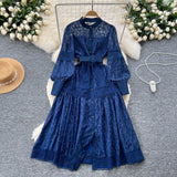Fongt Dress Woman's Spring 2025 New French Elegant Embroidered Lantern Sleeves Waist Single Buckle Large Swing Dress