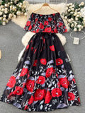Series Holiday Dress Women's 2024 New Design Feeling Printed Lotus Leaf Edge One Word Shoulder-Length Chiffon Skirt-Outfit