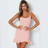 Strap Solid Square neck Vestido Curto Ruffle Party