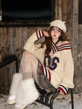 Brown V-neck Letter Print Oversize Sweater-Outfit