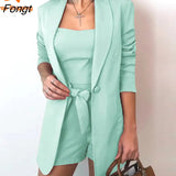 and Summer Solid Color Vest Suit Jacket Fashion Temperament High Waist Shorts Three-piece Women's Dress Pink