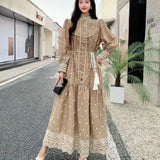 Fongt Retro Elegant Dress Women's New French Heavy Industry Embroidered Collar Lantern Sleeves Large Swing Dress