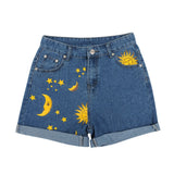 Moon Sun Print Loose Fit Denim Shorts For Female 2020 Summer New Hemming Blue Boyfriend Style Women's Short