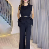 Fongt Summer New Solid Color Round Collar Sleeveless Top High Waist Broad Leg Pants Two Sets Of Women