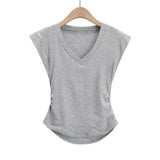 Trend Women's Vest Loose V-Collar Arc Hem Small Flying Sleeves Short Sleeves Solid Color Slim Pullover Pullover-Outfit