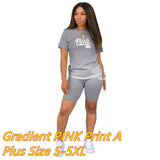 PINK Letter Print Gradient Two Piece Sets Women Round Neck Short Sleeve Top + Shorts Tracksuits Summer Fashion