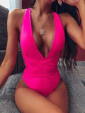 Solid Red One Piece Swimsuit Women Push Up Lace Up Bandage Bodysuit Brazilian Deep V Neck Backless Bathing Suit