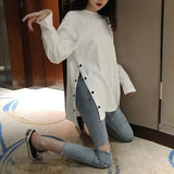 spring Split Side Button White black Long Tshirt O-Neck Women shirts autumn Arrival Vogue Harajuku solid Loose T shirt