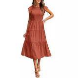 Fongt Summer Hot Women's Clothing New To Take Flying Sleeves Pure Color Folding Short-Sleeved Dress Women