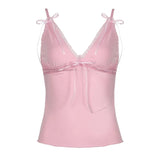 Vintage Pink Crop Top Chic Bandage Bow Patchwork Camisole Women Casual Solid Harajuku Tank Tops y2k Harajuku Summer Tees-Outfit