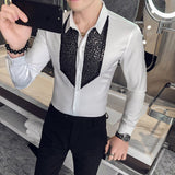 Black Tuxedo Shirt Men Sequins Patch Solid Long Sleeve Dress Slim Fit Shirts Stage Wedding Prom Gentleman Blouse