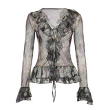 Fongt Pastoral Style Ancient Feeling Dizzy Dye Printed Gauze T-Shirt Retro Female Leopard Pattern Stitching With Horn Sleeve Jacket-Outfit