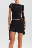 Mesh Ruffle Short Sleeve Top And Mini Skirt Set-Outfit