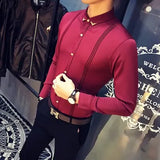 Tuxedo Shirts Pleated Front Solid Mens Dress Shirts Casual Slim Fit Long Sleeve Wedding Evening Blouse Male Black Red