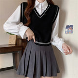 Fongt New College Style With Long-Sleeved Shirt Women's Short Splicing Fake Two Knitted Vest Tops Women's
