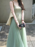 Fongt Summer New Temperament Slim Comfortable Design Small Fashion Art Green Dress Two Sets Of Women