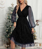 Fongt New V-Collar Elegant Slim Solid Color Stitching Mesh Perspective Sprinkling Powder Dress Female-Outfit