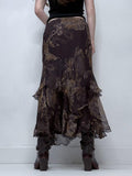 Fongt New Vintage Niche Retro Print Double-Layer Waveside Low-Rise Thin Half-Dress Skirt