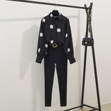 Spring Women Long Sleeves Dot Shirts + Slim Pants 2 pcs Sets Female Fashion Suits