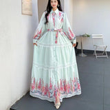Fongt And Autumn New Women's Collar Bubble Sleeve Lantern Long-Sleeved Lantern With Belt Positioning Print Single Buckle Dress
