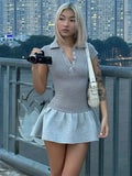 Short Sleeve Collar Ribbed MIni Dress-Outfit