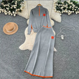 Fongt Simple Wind Bumpy Striped Knitted Sister Set With Long-Sleeved Sweater + High Waist Long Body Skirt Winter