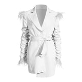 TWOTWINSTYLECasual Ruched Blazer Dress For Women Notched Long Sleeve High Waist Lace Up Bowknot Patchwork Tassel Dresses