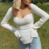 Square Neck Long Sleeve Sexy Women Sweater White Long Sleeve Casual Top Autumn Winter 2020 Black Pullover Solid Jumper