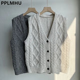 Style Sweater Vests Jackets Women Casual V-neck Knit Chaleco Coats Single Breasted Knitwear Colete New Sleeveless