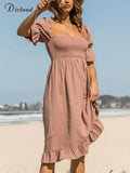 Boho Beach Summer Dresses For Women 2022 Elegant Solid Square Collar Dress Vacation Sweet Sea Holiday New Fashion