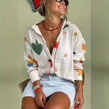 Fongt Long-Sleeved Shirt Print Fashion Cardigan Casual Top Collar 5010
