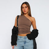 Solid Color One Shoulder Backless Shrink Tank Top T-Shirt Candy Color Tight Sexy Sleeveless Neckless Slim Casaul Top-Outfit