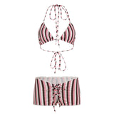 Fongt Style Sexy Striped Bikini Set Hottie Hanging Neck Vest + Shorts Two Sets