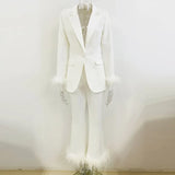 Fongt New Fashion Temperament Real Feather Ostrich Hairy Blazer Nine-Point Trouser Suit Two Sets