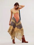Fongt Women Print Color V Tie Sling Irregular Dress Dress