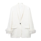Spring Style Feather Straight Suit Jacket 8216707 High Waist Trousers 8470707-Outfit